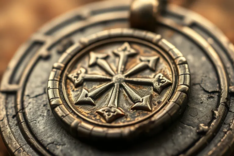 Un relicario o medallón antiguo, desgastado por el tiempo, con un diseño intrincado, simbolizando la fe y la protección espiritual.