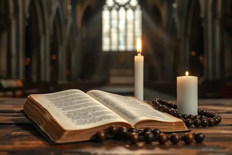 Un antiguo libro de oraciones de cuero desgastado, un rosario de cuentas de madera y un cirio encendido, todo sobre una mesa rústica de madera, iluminado por una luz suave y difusa.