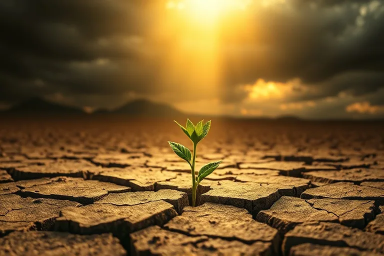 Una única planta verde vibrante brotando de la tierra agrietada y seca, con un haz de luz etérea que desciende del cielo oscuro, simbolizando la esperanza y el milagro en la adversidad.