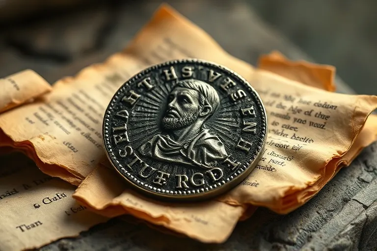 Una antigua medalla de plata de San Judas Tadeo, desgastada por el tiempo y el uso, sobre un fondo de pergaminos viejos y polvorientos, que simbolizan la tradición y la historia de su devoción.