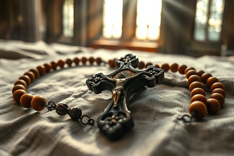 Un antiguo rosario de cuentas de madera con un crucifijo de metal oxidado, cuidadosamente colocado sobre una tela de lino arrugada, evocando la piedad y la tradición de la oración.