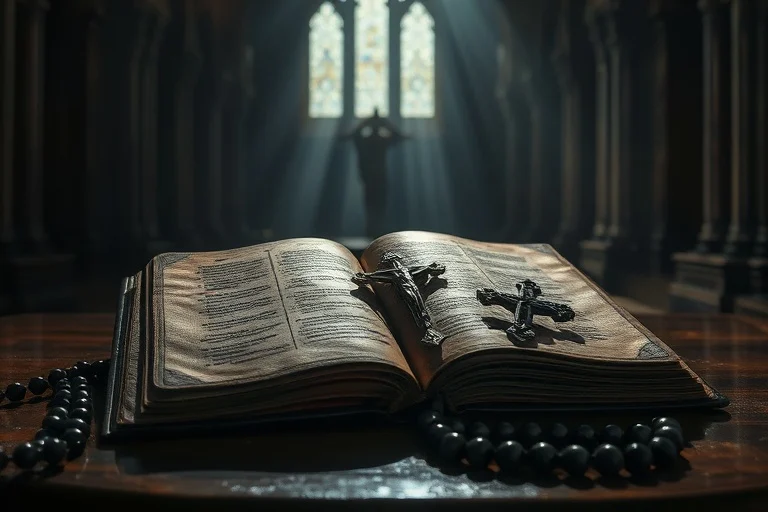 Libro de oraciones antiguo de cuero abierto en altar de madera, con crucifijo de plata y rosario, luz dramática.