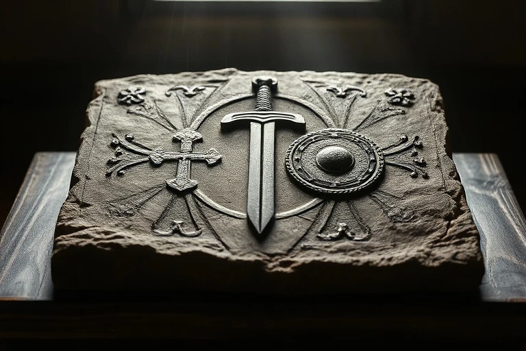 Fotografía vintage de una antigua tablilla de piedra con una espada y un escudo grabados sobre un altar de madera