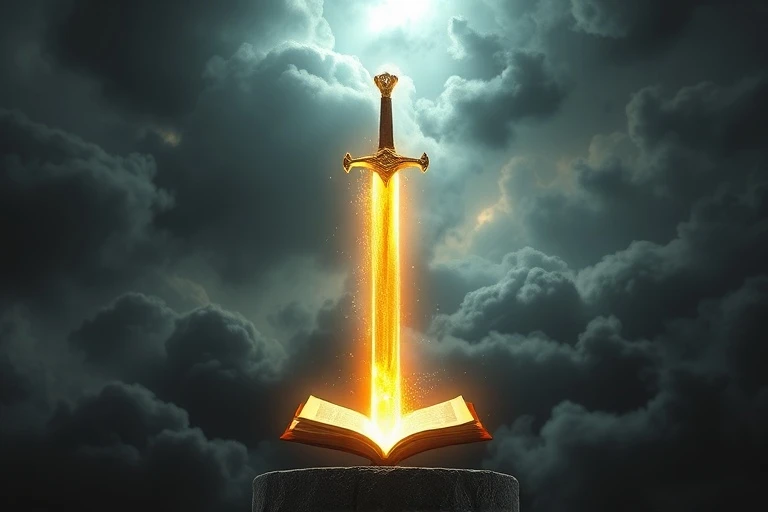 Ilustración 3D conceptual de una espada etérea brillante atravesando nubes oscuras y arremolinadas