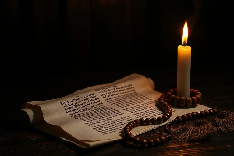 Un pergamino antiguo con texto en latín, un rosario de madera y una vela encendida, creando una atmósfera de solemnidad y estudio espiritual.