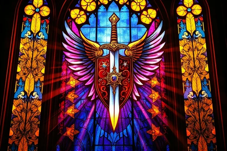 Una vidriera artística que representa una espada y un escudo estilizados, con luz etérea y colores vibrantes, simbolizando la protección divina y la lucha espiritual.