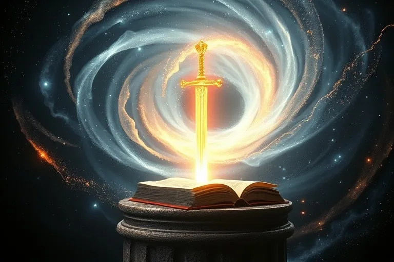 Render 3D abstracto de un vórtice cósmico con energías oscuras y claras, atravesado por una forma luminosa similar a una espada.