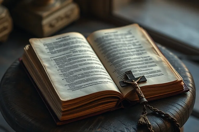 Un breviario antiguo y un rosario sobre una mesa de madera, simbolizando la vida de oración y devoción del fraile capuchino.