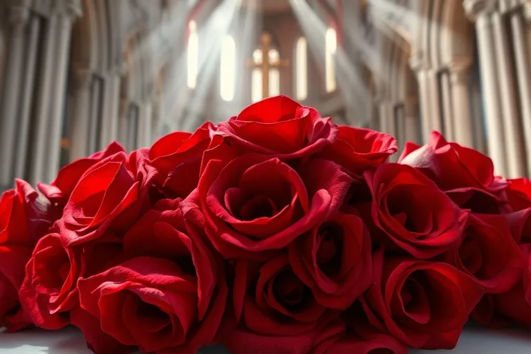 Rosas rojas vibrantes sobre un lienzo blanco, simbolizando las sagradas heridas de Cristo y el sacrificio divino.