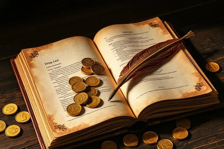Un libro de contabilidad antiguo abierto con monedas de oro y una pluma, simbolizando la prosperidad y el trabajo.