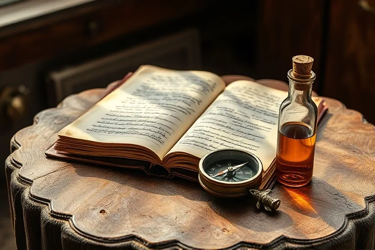 Diario de viaje antiguo, brújula vintage, amuleto de pez plateado y un vial de líquido ámbar sobre una mesa de madera rústica, con luz natural que destaca las texturas.