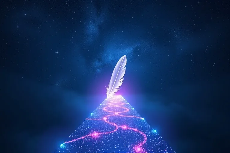 Ilustración conceptual de un camino luminoso y etéreo que se abre en la oscuridad de la noche, con una pluma brillante al inicio, simbolizando guía y esperanza.