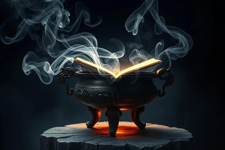 Pintura digital de un incensario antiguo emitiendo humo sagrado que se eleva en patrones abstractos, con destellos de brasas ardientes.