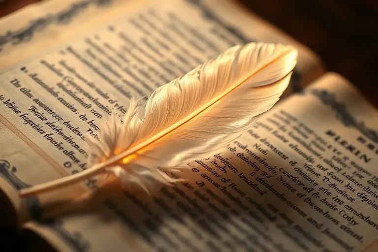 Pluma de serafín ardiente en un manuscrito antiguo, simbolizando la purificación divina.