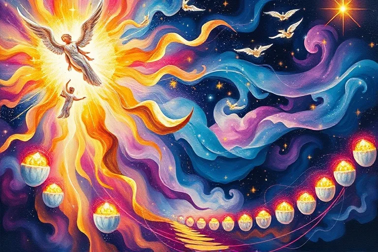 Pintura abstracta de la corte celestial, con luces y colores que representan el misterio divino.