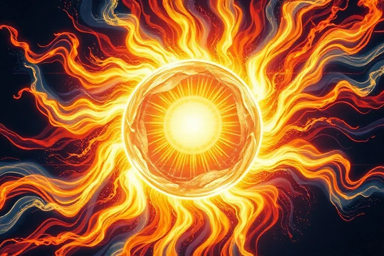 Representación abstracta en 3D de una esfera luminosa envuelta en energía purificadora, simbolizando la santificación del alma