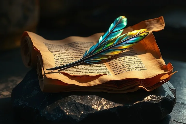 Fotografía cinematográfica de un pergamino antiguo con escritura hebrea y una pluma iridiscente sobre una piedra pulida, evocando mensajes divinos y sabiduría ancestral.