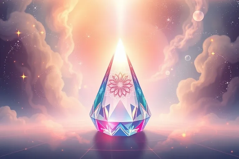 Arte conceptual de un prisma de luz pura que se refracta en colores vibrantes, proyectando patrones intrincados sobre un fondo etéreo, simbolizando la revelación divina y la energía celestial.
