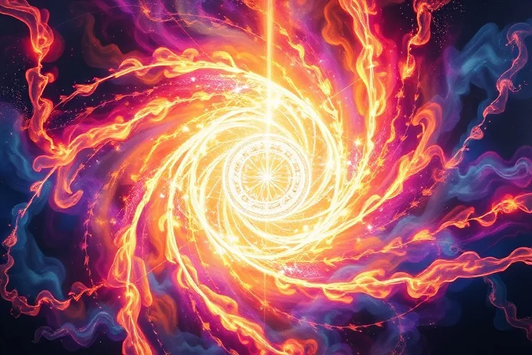 Ilustración 3D de un vórtice de llamas iridiscentes y luz pura, con filamentos brillantes y geometría sagrada, representando energía celestial.