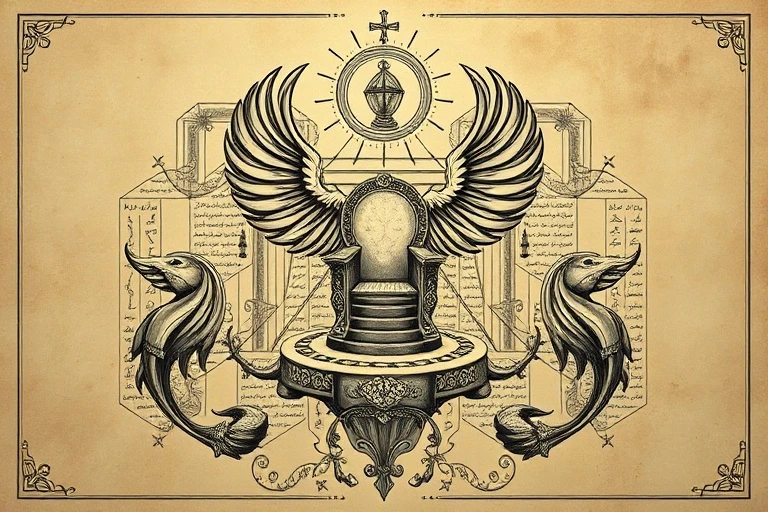 Grabado antiguo de una representación abstracta de un trono celestial, custodiado por formas simbólicas de serafines, rodeado de textos sagrados y símbolos divinos.