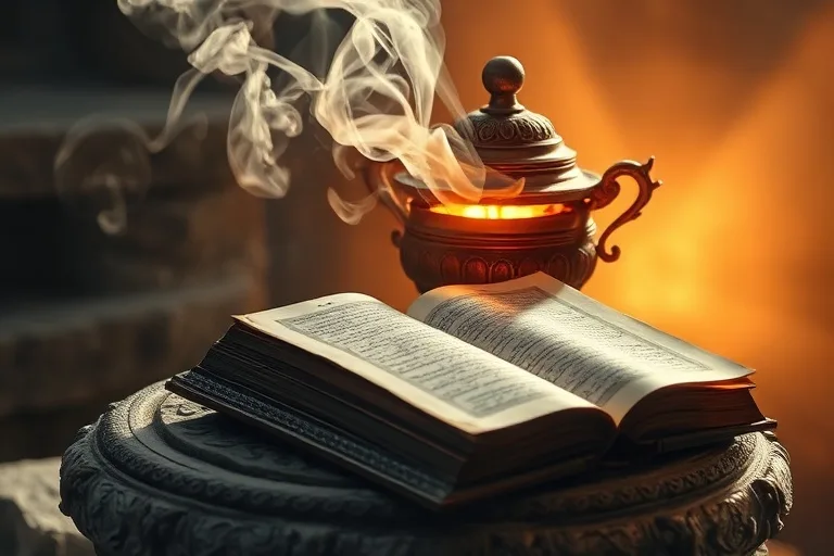 Primer plano de un incensario antiguo con humo aromático y brasas brillantes, junto a un libro sagrado abierto y bien iluminado, simbolizando la purificación espiritual y la sabiduría divina en un ambiente sagrado.