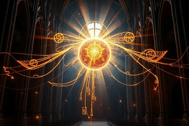Representación abstracta de conocimiento celestial con hilos de luz dorados entrelazados, emanando de una esfera luminosa central. Símbolos antiguos y estilizados se integran sutilmente en los patrones de luz, sugiriendo profundos secretos divinos y comprensión en tonos azules y dorados.