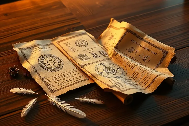 Pergaminos antiguos con diagramas de jerarquías celestiales, plumas y luz cálida sobre una mesa de madera oscura.