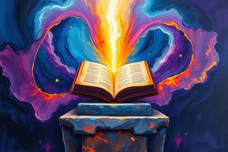Pintura al óleo abstracta con remolinos de azules y púrpuras, pinceladas ardientes que sugieren energía espiritual y seres divinos en un espacio cósmico.