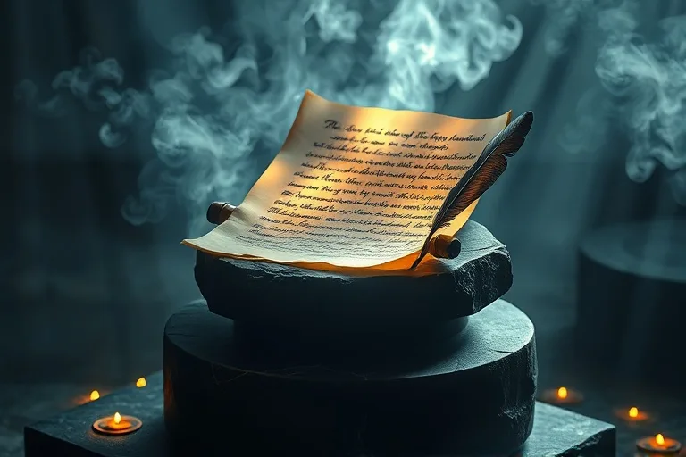 Fotografía cinematográfica de un pergamino antiguo y brillante sobre un pedestal de obsidiana, rodeado de humo etéreo y brasas, con una pluma radiante al lado.