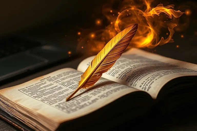Libro antiguo con pluma dorada y aura mística