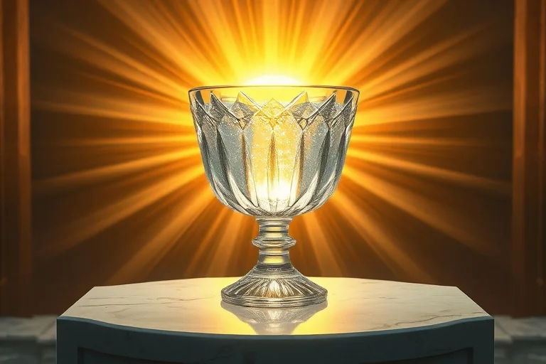 Bodegón cinematográfico de un cáliz de cristal brillante con agua luminosa, rodeado de luz purificadora sobre un altar de mármol blanco.