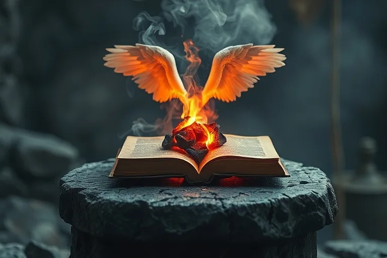 Un carbón ardiente y brillante sobre un altar de piedra antiguo, con tenues formas de alas de ángel formadas por el humo, simbolizando la purificación divina.