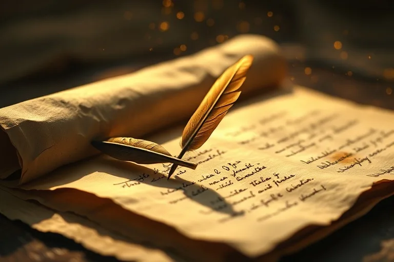 Naturaleza muerta cinematográfica de pergaminos antiguos y una pluma de ave, con una luz suave que ilumina el polvo dorado que flota en el aire, evocando la transmisión de mensajes divinos.