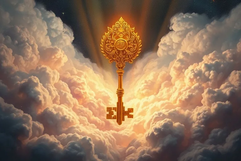 Pintura al óleo mística de una llave dorada intrincada sobre nubes iridiscentes, rodeada de patrones de luz y sombra, simbolizando la apertura a la sabiduría y la protección divina.
