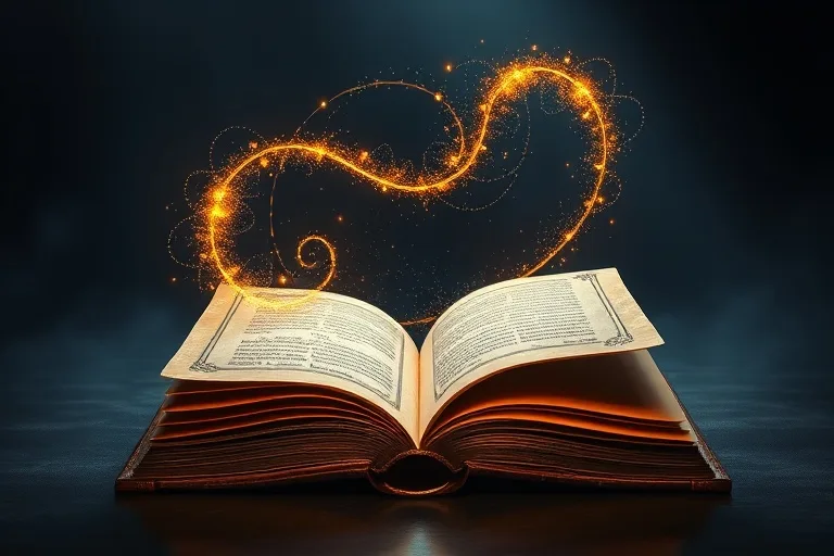 Ilustración digital 3D de un antiguo libro abierto, del cual emana una escritura etérea y brillante, rodeada de luces y energías abstractas que simbolizan la sabiduría y el entendimiento divinos en un entorno oscuro y contemplativo.