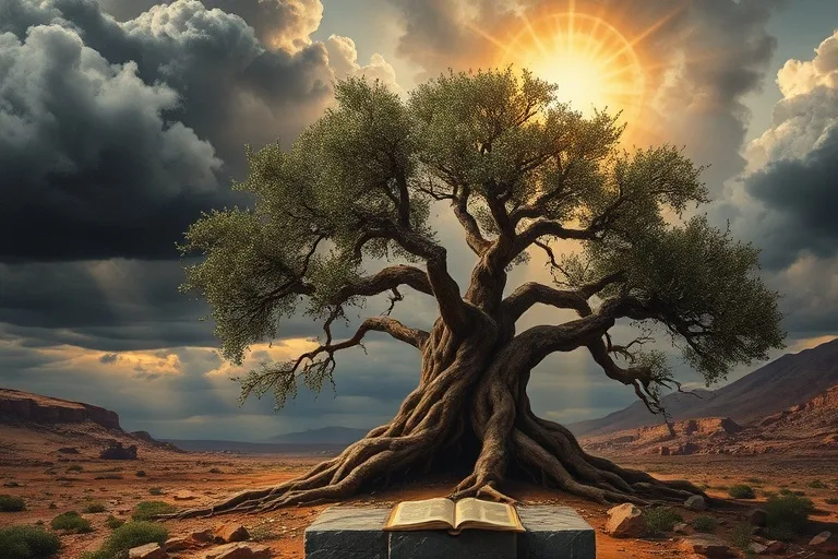 Pintura al óleo de un olivo viejo y robusto, con raíces profundas en un terreno rocoso, bajo un cielo tormentoso con destellos de luz. Simboliza la fortaleza, la resiliencia, el consejo divino y la piedad, con pinceladas expresivas y una atmósfera cinematográfica.