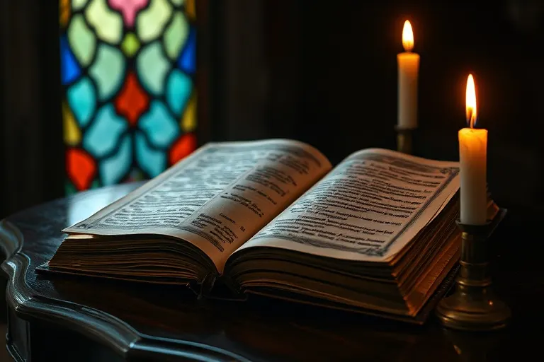 Libro antiguo abierto con páginas iluminadas sobre un altar de madera, con una vela encendida, simbolizando el conocimiento y la revelación divina.