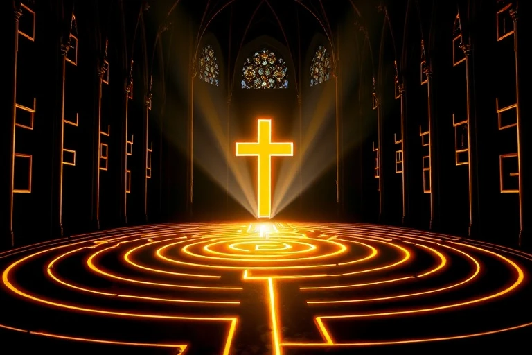 Laberinto estilizado de líneas doradas sobre fondo oscuro, con un camino brillante que lleva a una cruz central, representando el discernimiento espiritual.