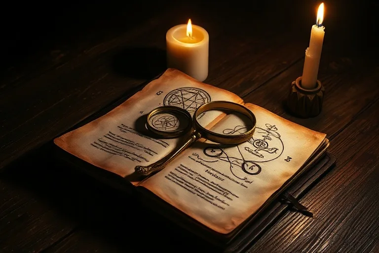 Un antiguo diario de cuero abierto con símbolos dibujados a mano, junto a una vela y una lupa en un escritorio de madera, bajo una luz cálida y con sombras profundas.