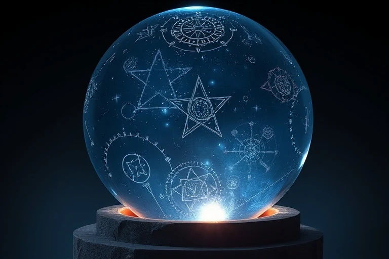 Una esfera de cristal flotando en el vacío, emitiendo luz radiante que ilumina runas antiguas talladas en el espacio circundante, en tonos azules y plateados.
