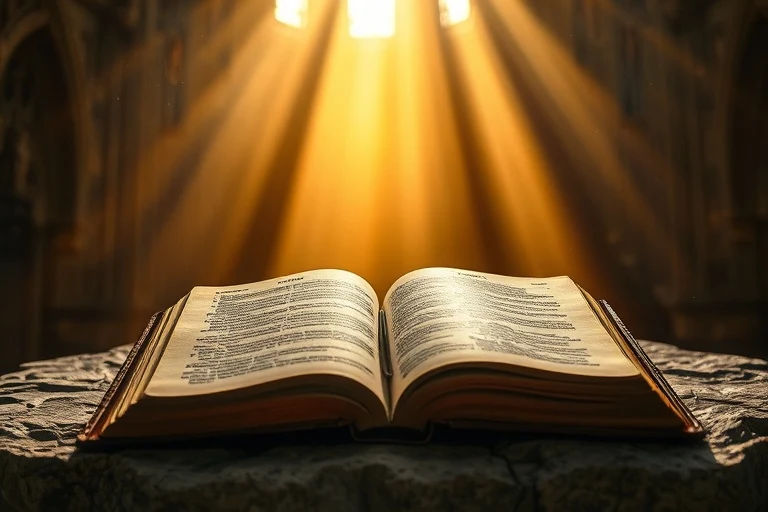 Una antigua Biblia abierta sobre un altar de piedra, iluminada por una luz celestial que irradia desde arriba, simbolizando la revelación divina.
