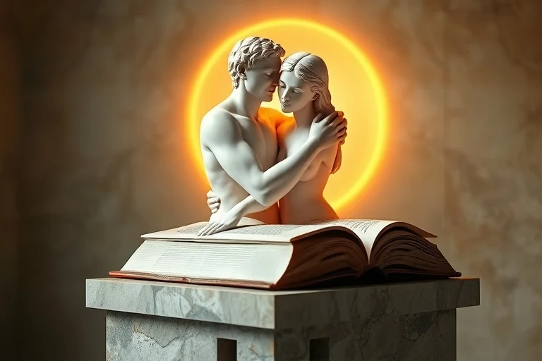 Una estatua de mármol de una pareja abrazándose con ternura, rodeada de un halo de luz suave, simbolizando la unión y el amor puro.
