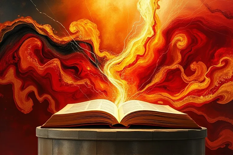 Pintura abstracta con remolinos de colores carmesí y oro, evocando sacrificio y gloria divina, con líneas blancas etéreas que sugieren crecimiento espiritual.
