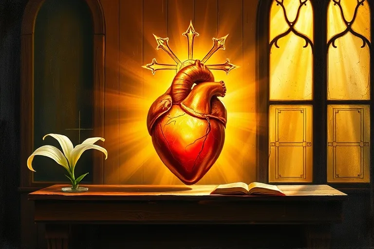 Pintura al óleo de un Sagrado Corazón radiante sobre un altar de madera con un lirio