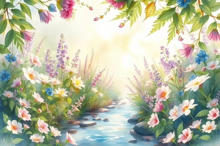 Pintura de acuarela de un jardín exuberante y floreciente con hojas rociadas de rocío, flores en tonos pastel y un arroyo que fluye, con luz solar filtrándose.