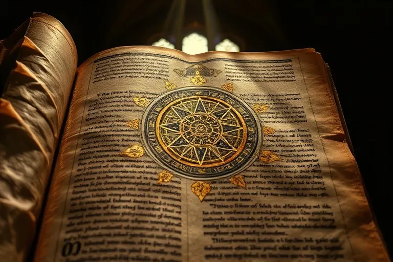 Manuscrito antiguo con símbolos de autoridad y ley cósmica, con un motivo de rueda o trono.