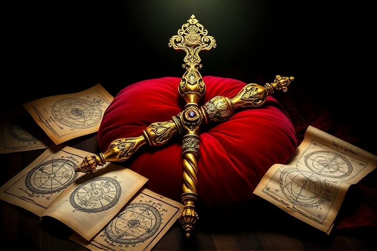 Un antiguo cetro dorado sobre un cojín de terciopelo, rodeado de manuscritos y cartas celestes, con iluminación dramática.