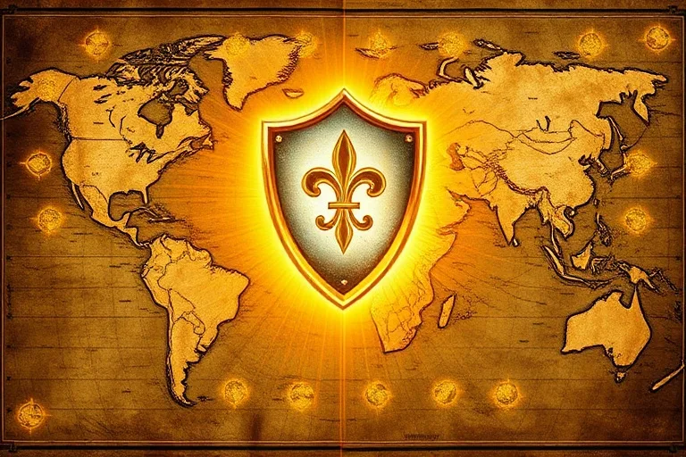 Un mapa antiguo del mundo con líneas doradas y un escudo translúcido, rodeado de un aura protectora, en estilo de pintura al óleo.