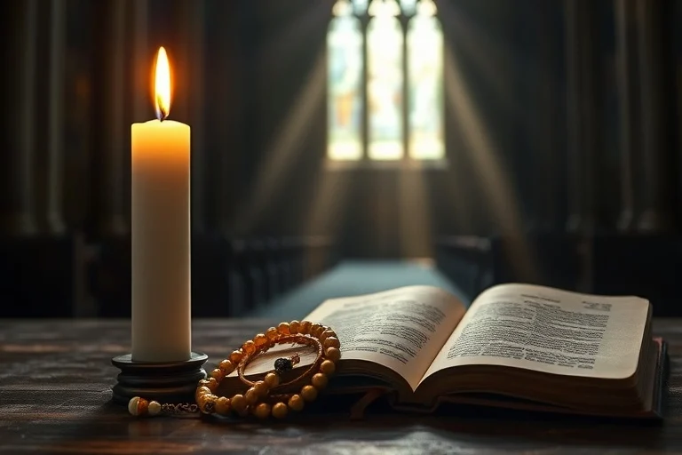 Rosario y libro de oraciones junto a una veladora, simbolizando la devoción y la fe.