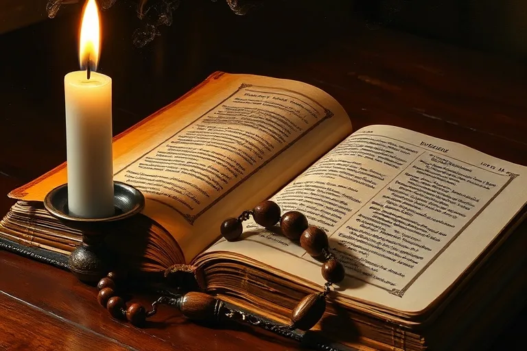 Rosario y Biblia bajo la luz de una vela bendita